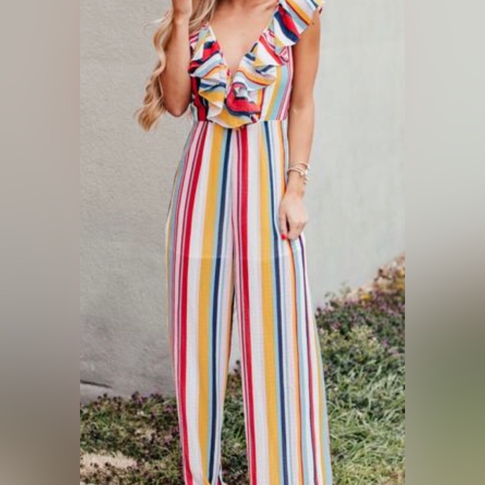 Do+Be Multi Colored Striped Ruffled Jumpsuit